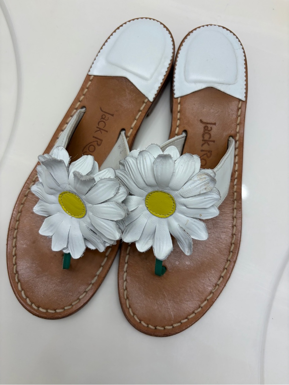 Jack Rogers White Leather Daisy Toe-Post Sandals with Yellow Centers